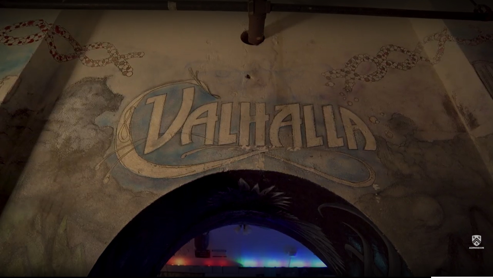 A picture of the entrance to Valhalla, focusing on the name painted above the arched doorway..