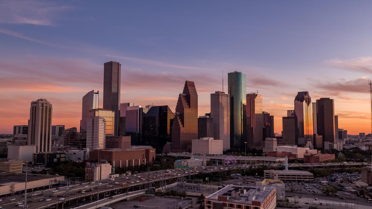 View of the Houston Downtown Skyline at sunset.
