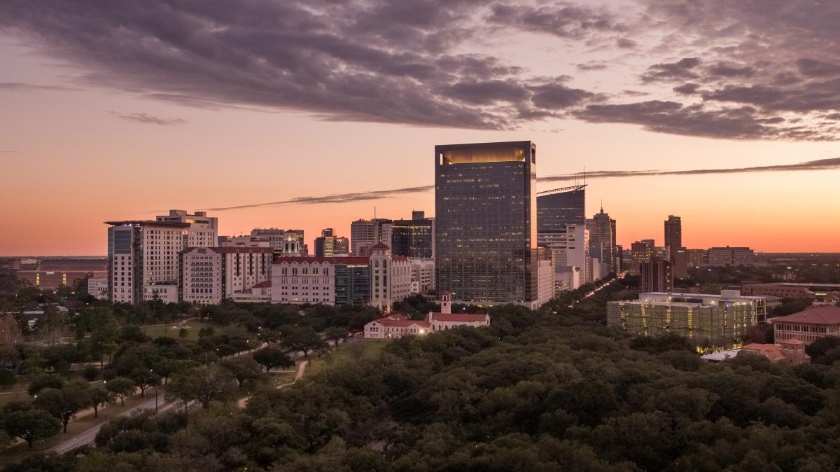 Picture of the Texas Medical Center buildings at sunset.