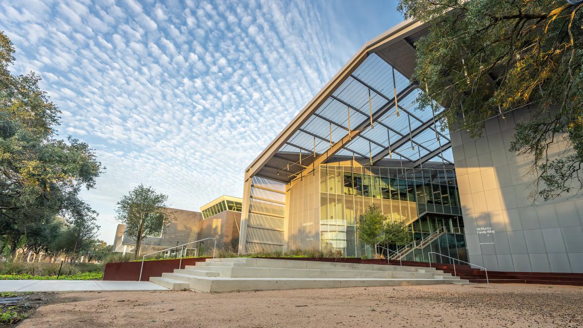 South side view of Sarofim entrance at sunset
